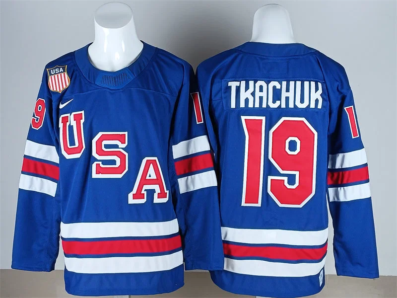 Men's USA #19 Matthew Tkachuk Home Blue 2026 Olympic Hockey Jersey