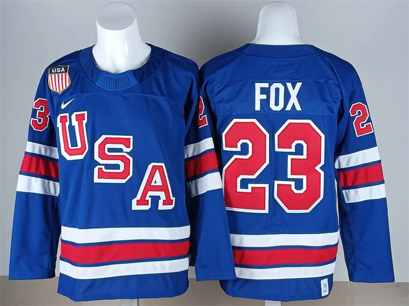 Men's USA #23 Adam Fox Home Blue 2026 Olympic Hockey Jersey