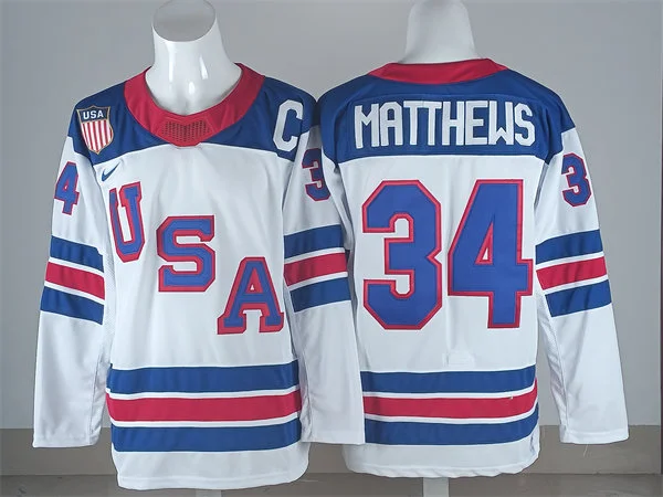 Men's USA #34 Auston Matthews White Away 2026 Olympic Hockey Jersey