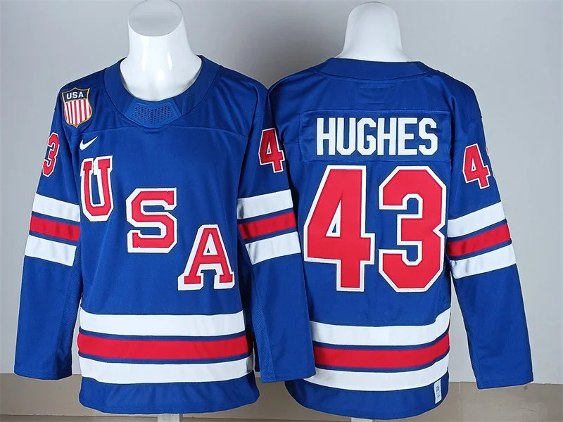 Men's USA #43 Quinn Hughes Home Blue 2026 Olympic Hockey Jersey