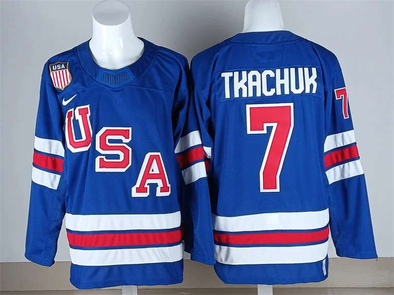 Men's USA #7 Brady Tkachuk Home Blue 2026 Olympic Hockey Jersey