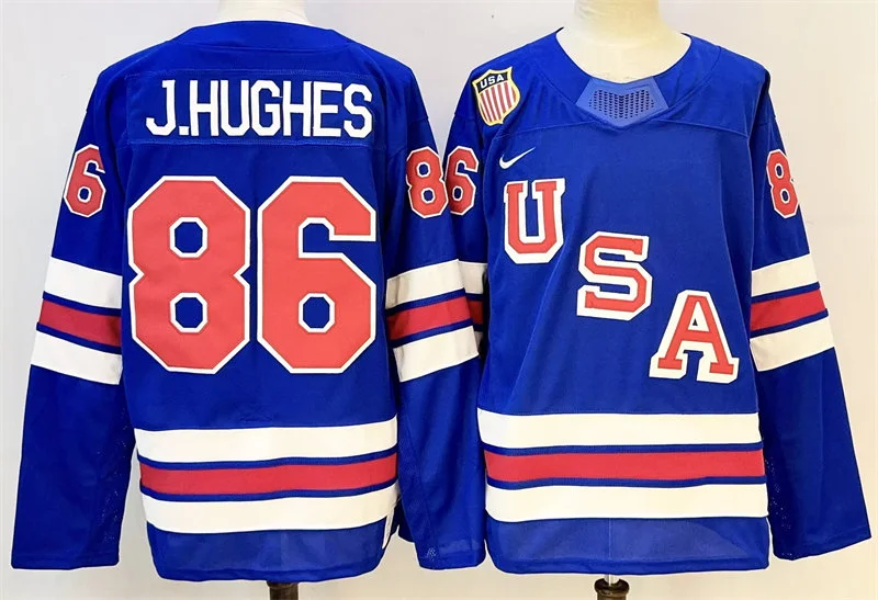 Men's USA #86 Jack Hughes Home Blue 2026 Olympic Hockey Jersey