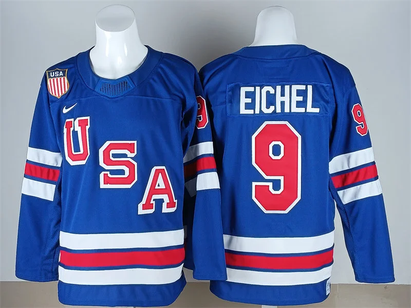 Men's USA #9 Jack Eichel Home Blue 2026 Olympic Hockey Jersey