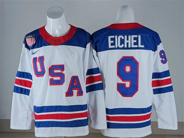 Men's USA #9 Jack Eichel White Away 2026 Olympic Hockey Jersey