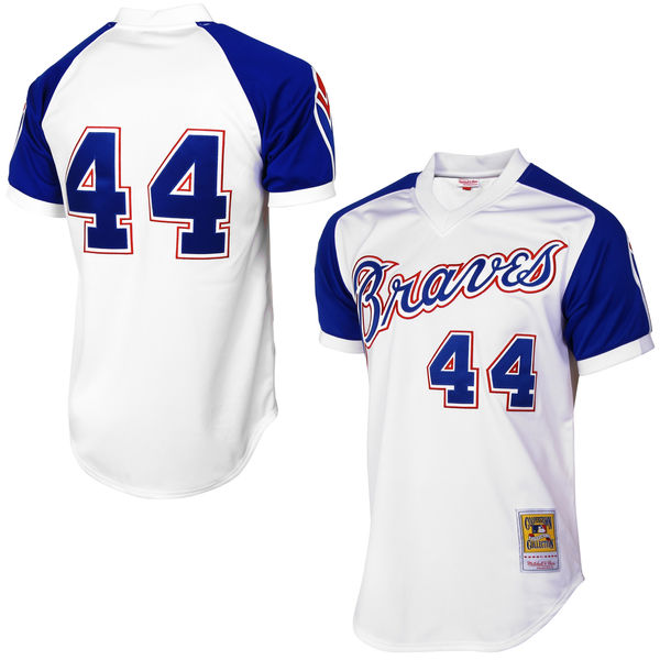Mens Atlanta Braves #44 Hank Aaron Mitchell&Ness 1974 White Pullover Throwback Jersey