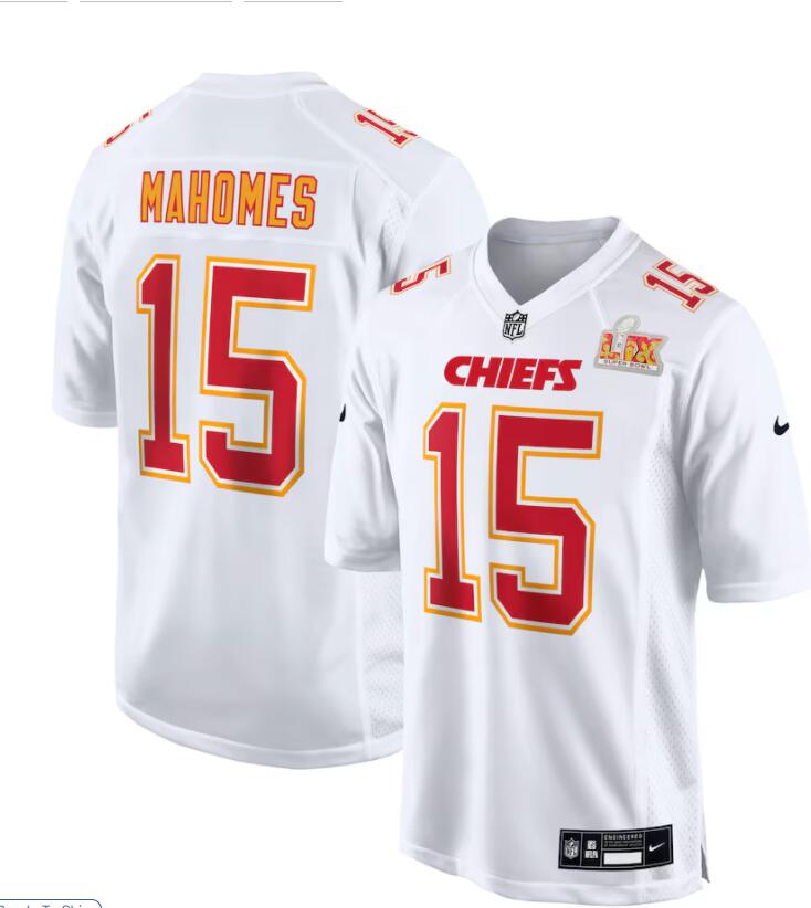 Mens Kansas City Chiefs #15 Patrick Mahomes Nike Super Bowl LIX Fashion Game Jersey Tundra White