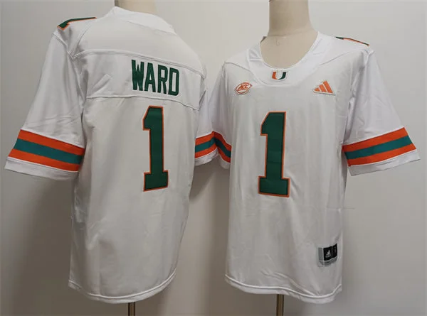 Mens Youth Miami Hurricanes #1 Cam Ward 2024 White Football Game Jersey