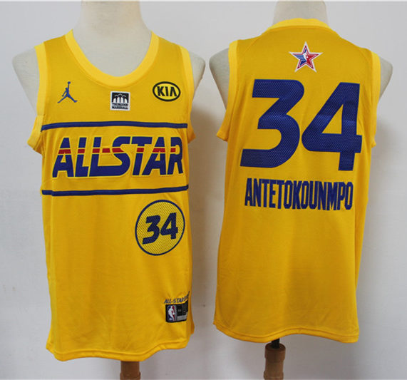 Mens Milwaukee Bucks #34 Giannis Antetokounmpo Stitched 2021 ALL-STAR Nike Yellow Jersey