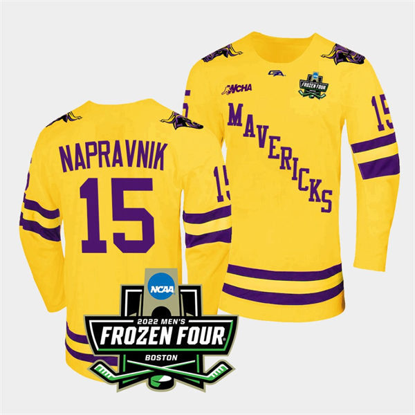 Mens Minnesota State Mavericks #15 Julian Napravnik Gemini Gold 2022 Frozen Four Hockey Jersey