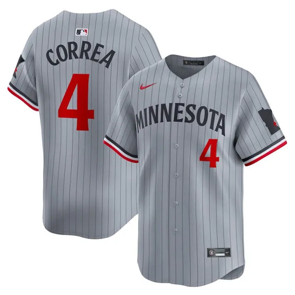 Mens Minnesota Twins #4 Carlos Correa Nike 2025 Gray Pinstripe Limited Player Jersey