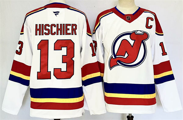 Mens New Jersey Devils #13 Nico Hischier White 2022 Reverse Retro Primegreen Jersey