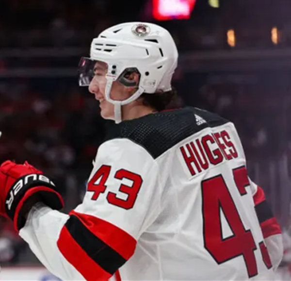 Mens New Jersey Devils #43 Luke Hughes Adidas Away White Jersey