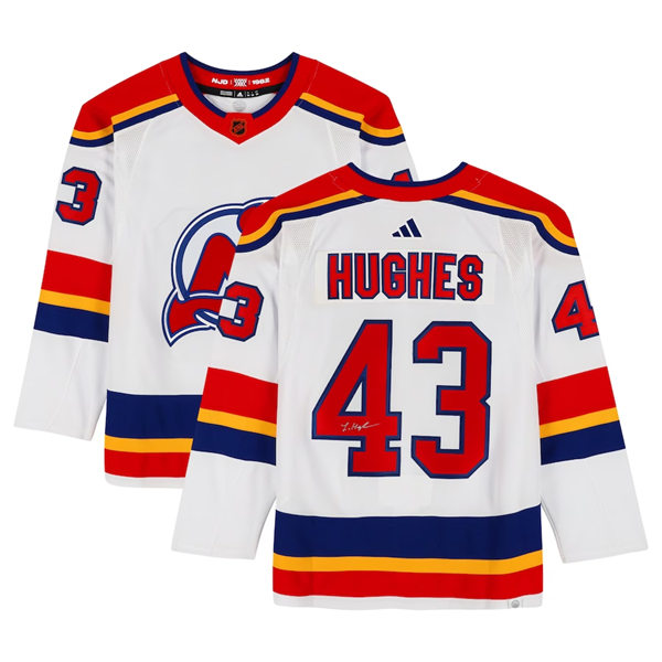 Mens New Jersey Devils #43 Luke Hughes Stitched Adidas White Alternate Jersey