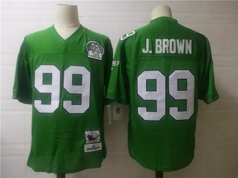 Mens Mitchell&Ness NFL Jersey Philadelphia Eagles #99 Jerome Brown Light Green Throwback with 99TH Patch