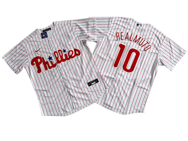 Mens Philadelphia Phillies #10 JT. Realmuto Nike White Pinstripe Home Coolbase Jersey