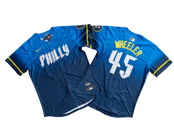 Mens Philadelphia Phillies #45 Zack Wheeler Nike Blue 2024 City Connect Limited Player Jersey