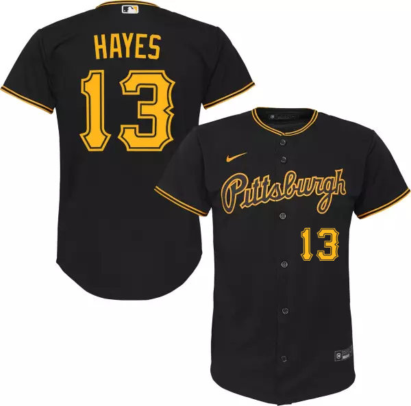 Mens Pittsburgh Pirates #13 Ke'Bryan Hayes Nike Black Alternate 2nd Pittsburgh FlexBase Player Jersey