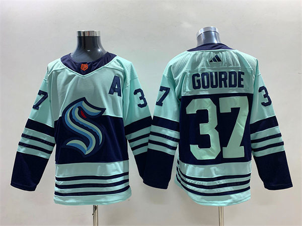 Mens Seattle Kraken #37 Yanni Gourde Ice Blue 2022 Reverse Retro Primegreen Jersey