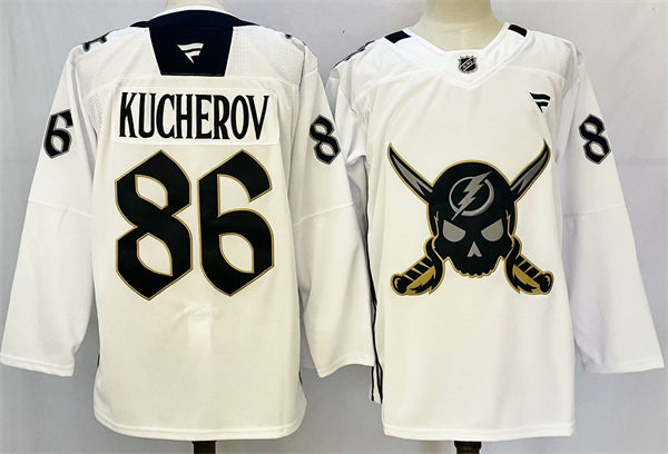Mens Tampa Bay Lightning #86 Nikita Kucherov White Gasparilla inspired Skull Logo Jersey