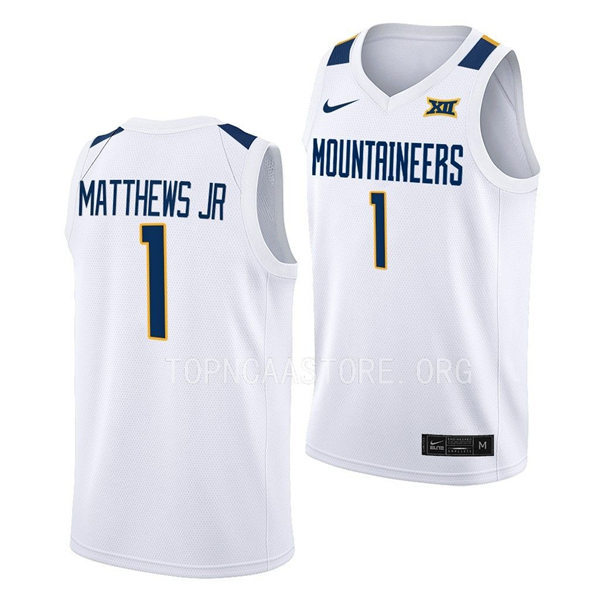 Mens Youth West Virginia Mountaineers #1 Emmitt Matthews Jr. Nike 2022 White College Basketball Game Jersey
