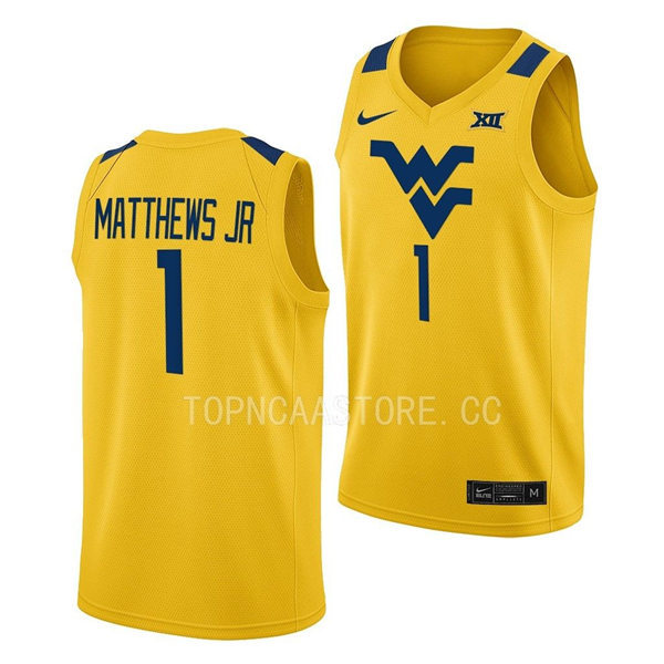 Mens Youth West Virginia Mountaineers #1 Emmitt Matthews Jr. Nike 2022 Gold College Basketball Game Jersey