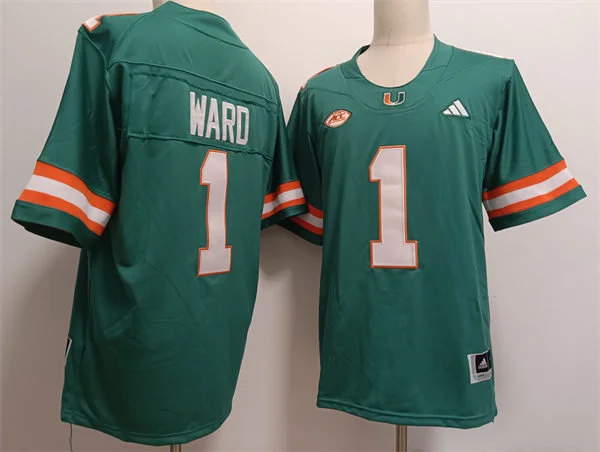 Mens Youth Miami Hurricanes #1 Cam Ward 2024 Green Football Game Jersey