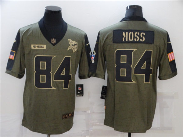 Mens Minnesota Vikings Retired Player #84 Randy Moss Nike Olive 2021 Salute to Service Game Jersey