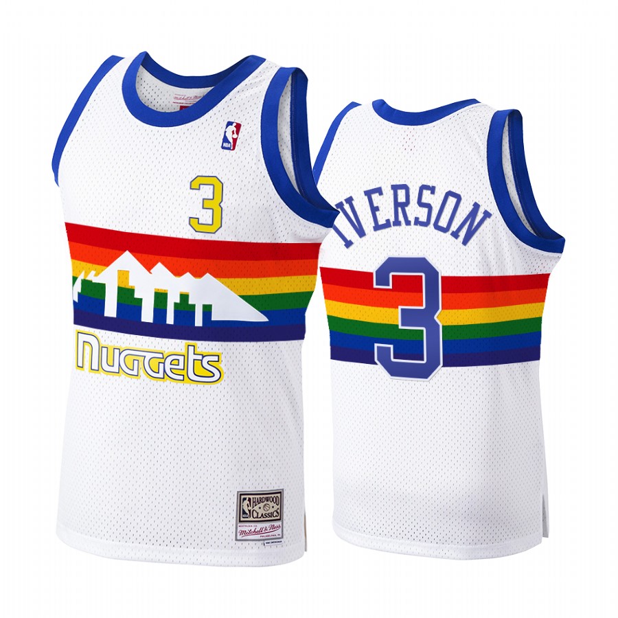 Men's Denver Nuggets Retired Player #3 Allen Iverson White Rainbow Hardwood Classics Soul Swingman Throwback Jersey