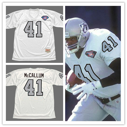 Mens Oakland Raiders #41 NAPOLEON McCALLUM Mitchell&Ness 1994 White With Silvery Throwback Jersey