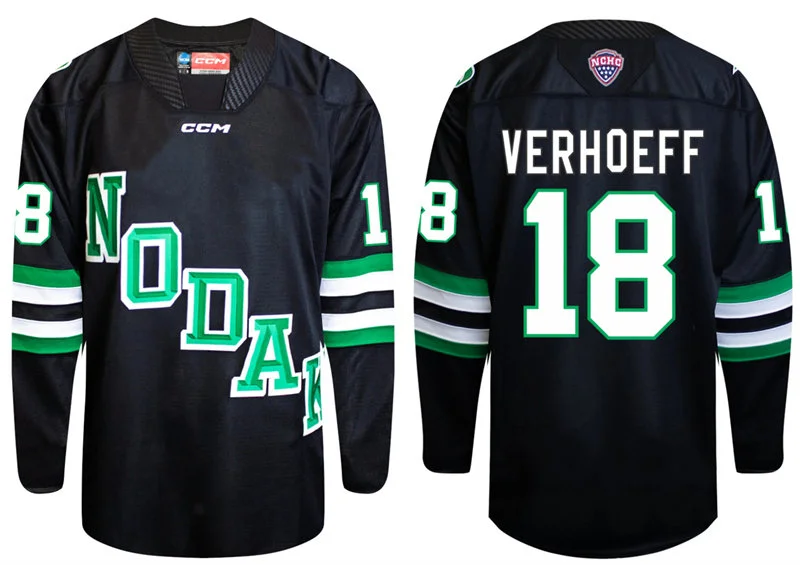 North Dakota Fighting Hawks #18 Keaton Verhoeff 2026 Black College Hockey Game Jersey
