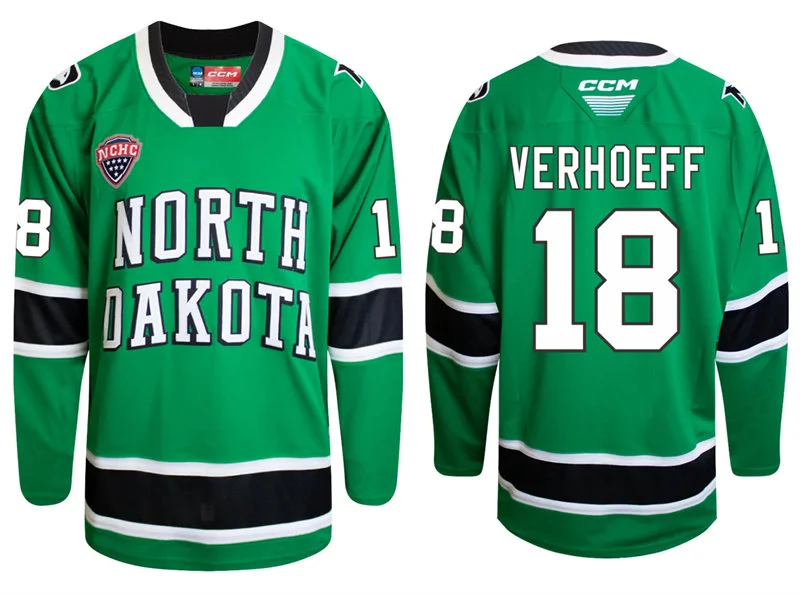 North Dakota Fighting Hawks #18 Keaton Verhoeff 2026 Green College Hockey Game Jersey