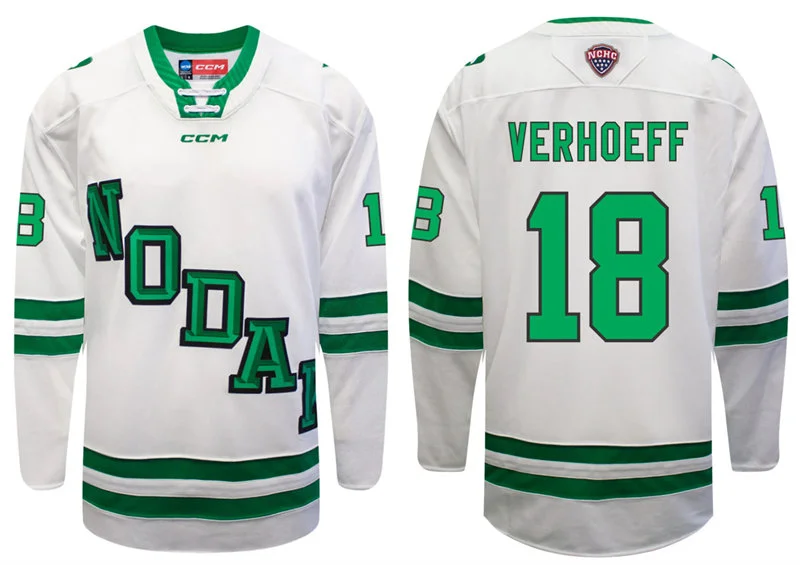 North Dakota Fighting Hawks #18 Keaton Verhoeff 2026 White College Hockey Game Jersey