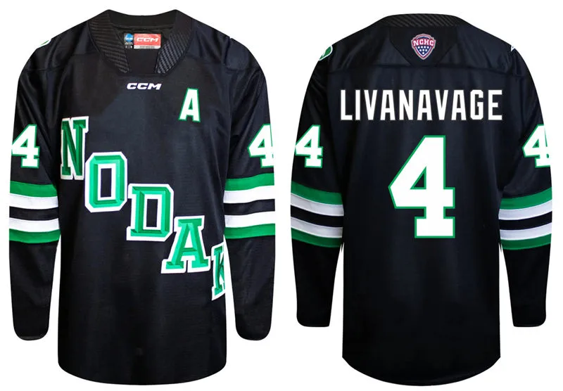 North Dakota Fighting Hawks #4 Jake Livanavage 2026 Black  College Hockey Game Jersey