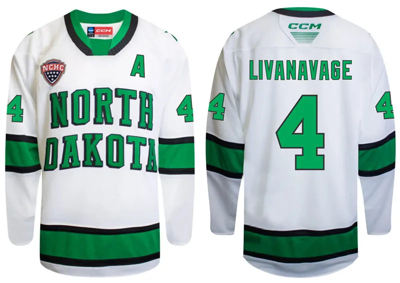 North Dakota Fighting Hawks #4 Jake Livanavage 2026 White College Hockey Game Jersey