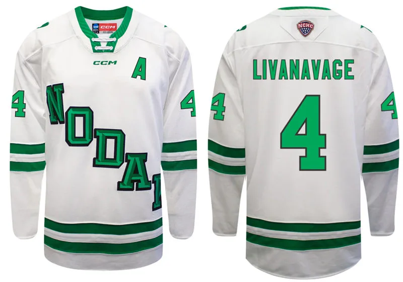 North Dakota Fighting Hawks #4 Jake Livanavage 2026 White North Dakota College Hockey Game Jersey