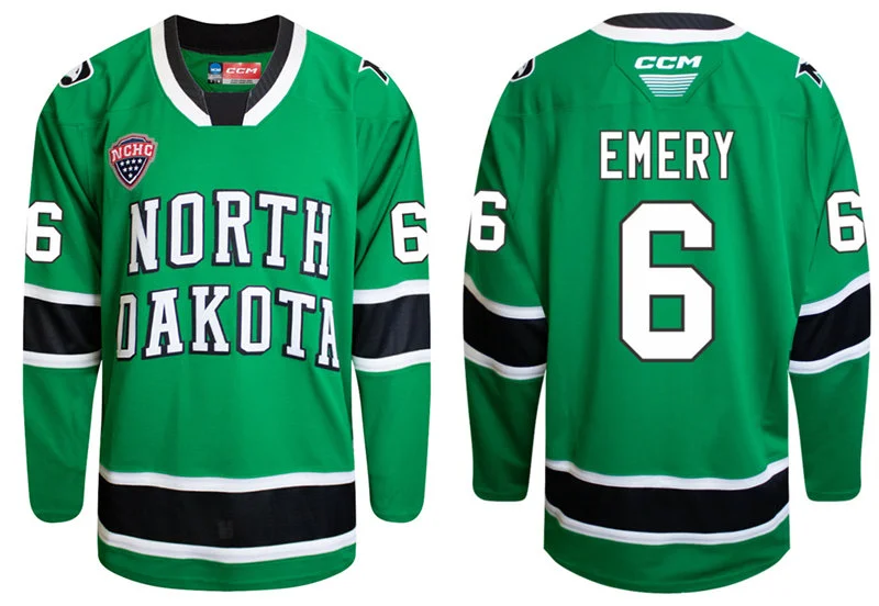 North Dakota Fighting Hawks #6 EJ Emery CCM 2026 Green Away Hockey Game Jersey