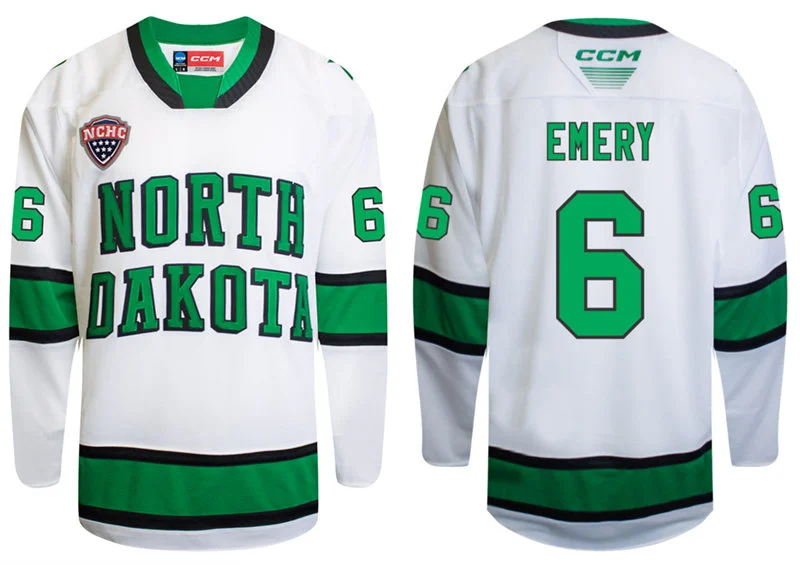 North Dakota Fighting Hawks #6 EJ Emery CCM 2026 White Home Hockey Game Jersey