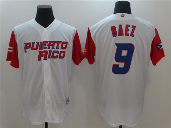 Men's Puerto Rico Baseball #9 Javier Baez Majestic White 2017 World Baseball Classic Stitched Authentic Jersey