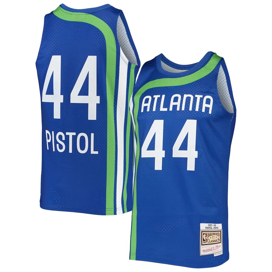 Mens Atlanta Hawks #44 Pistol Pete Blue Mitchell & Ness 1971-72 Hardwood Classics Jersey