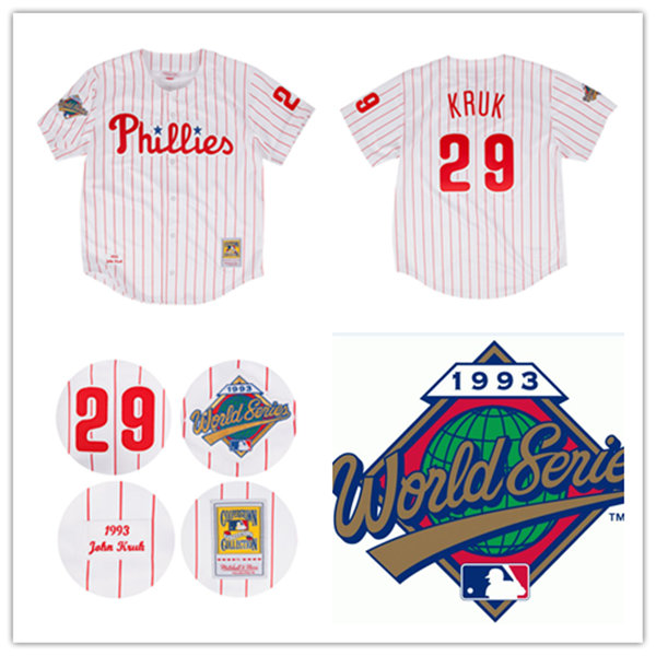 Men's 1993 Philadelphia Phillies #29 John Kruk Mitchell & Ness White Red Home Authentic Throwback Jersey