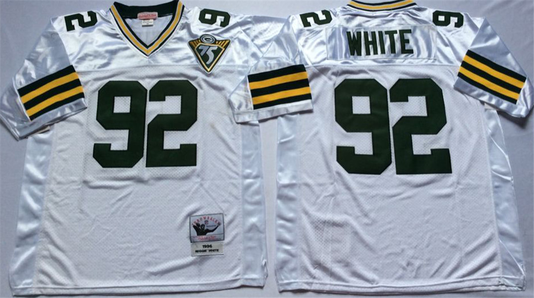 Mens Mitchell&Ness Green Bay Packers #92 Reggie White White 75TH Throwback Jersey