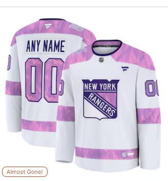 Mens New York Rangers Custom Fanatics White 2024 Hockey Fights Cancer Practice Jersey