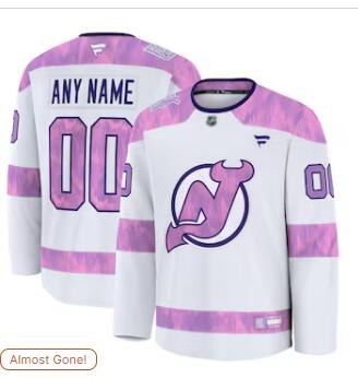 Mens New Jersey Devils Custom Fanatics White 2024 Hockey Fights Cancer Practice Jersey