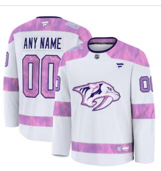 Mens Nashville Predators Custom Fanatics White 2024 Hockey Fights Cancer Practice Jersey