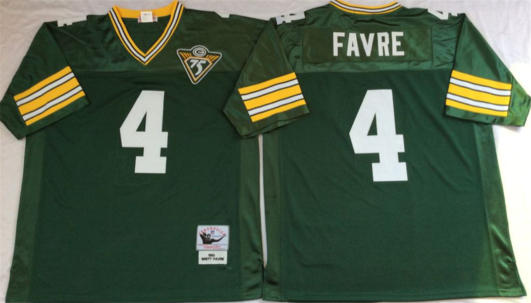 Men's Green Bay Packers #4 Brett Favre Green 75TH Mitchell&Ness Throwback Jersey