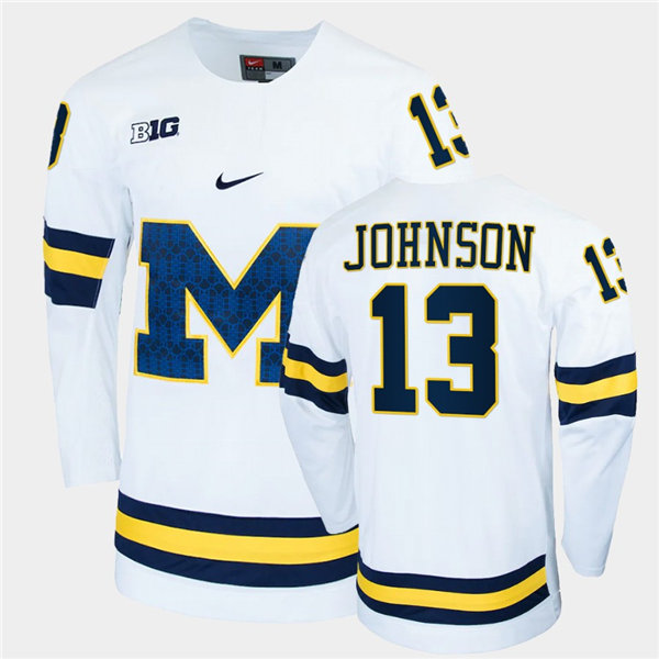 Mens Michigan Wolverines #13 Kent Johnson Stitched Nike White BIG M Hockey Jersey