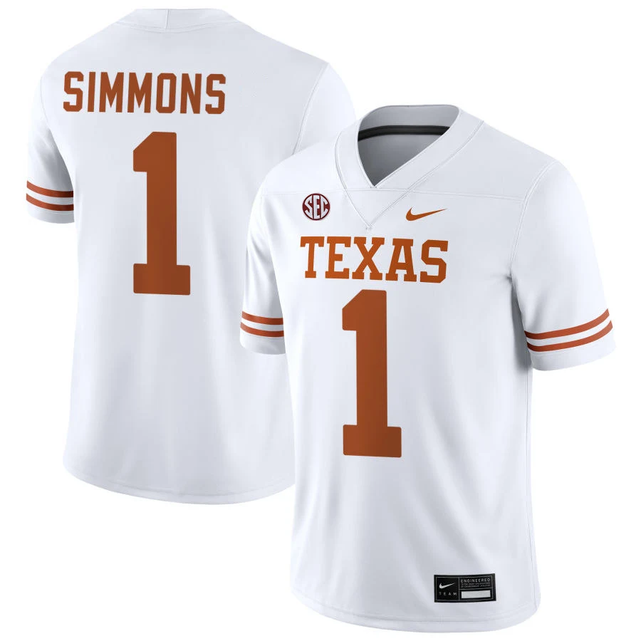 Texas Longhorns #1 Colin Simmons 2025 SEC White College Football Game Jersey
