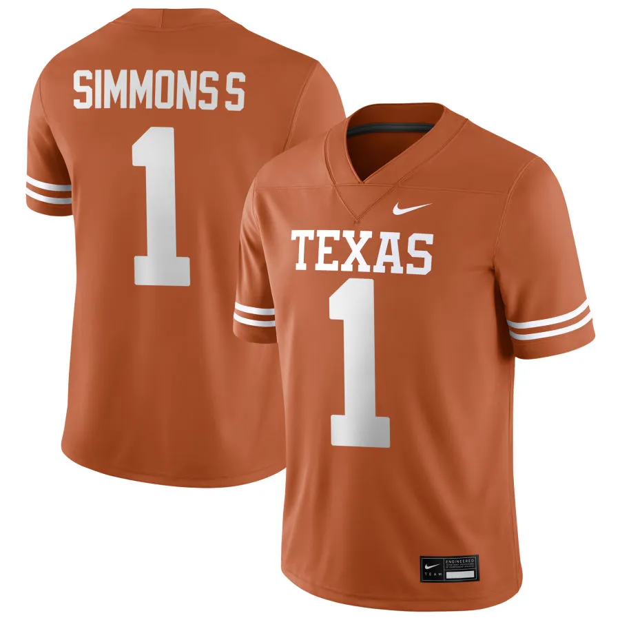 Texas Longhorns #1 Colin Simmons 2025 SEC Orange College Football Game Jersey