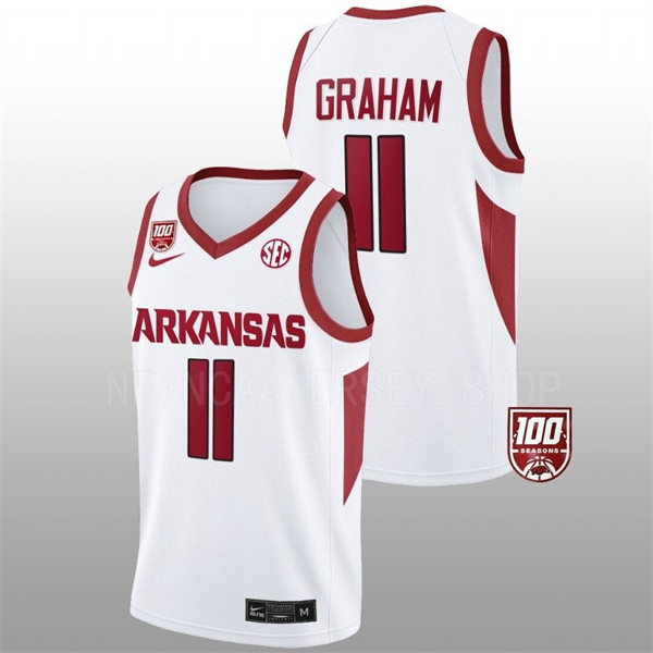 Mens Youth Arkansas Razorbacks #11 Jalen Graham White Home College Basketball Game Jersey