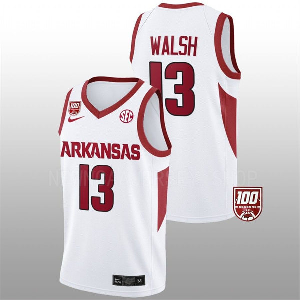Mens Youth Arkansas Razorbacks #13 Jordan Walsh White Home College Basketball Game Jersey